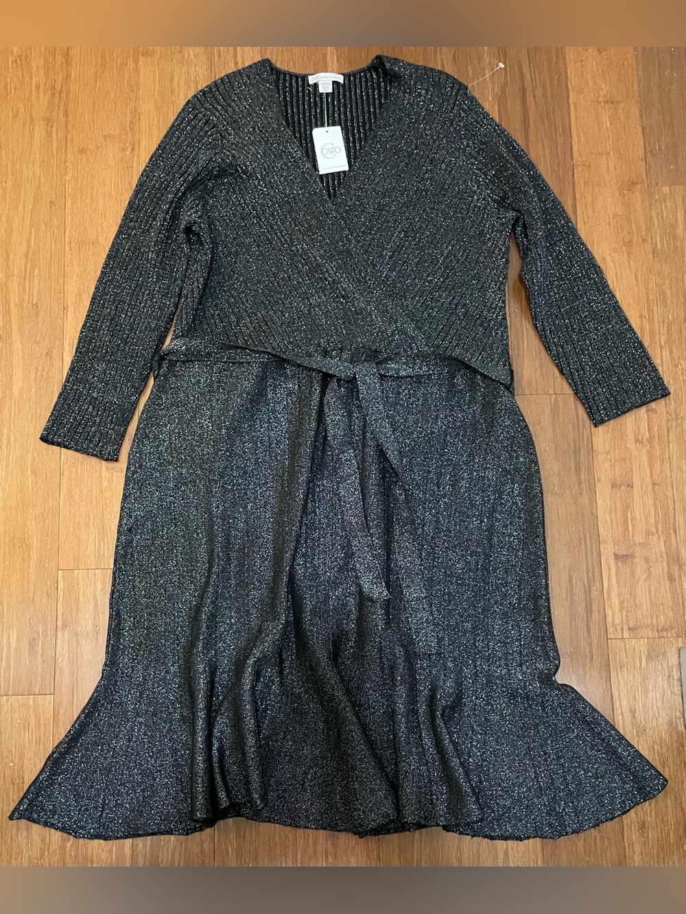 Black Silver Sparkle Midi Dress NWT Cato 14 W Stretch Knit Sweater Holiday Cockt
